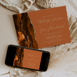 Convite Casamento Moderno em Laranja Queimado, Dourado e Á