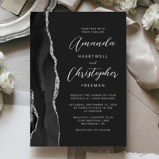 Convite Casamento Moderno em Letra de Forma Black Silver A (Criador carregado)