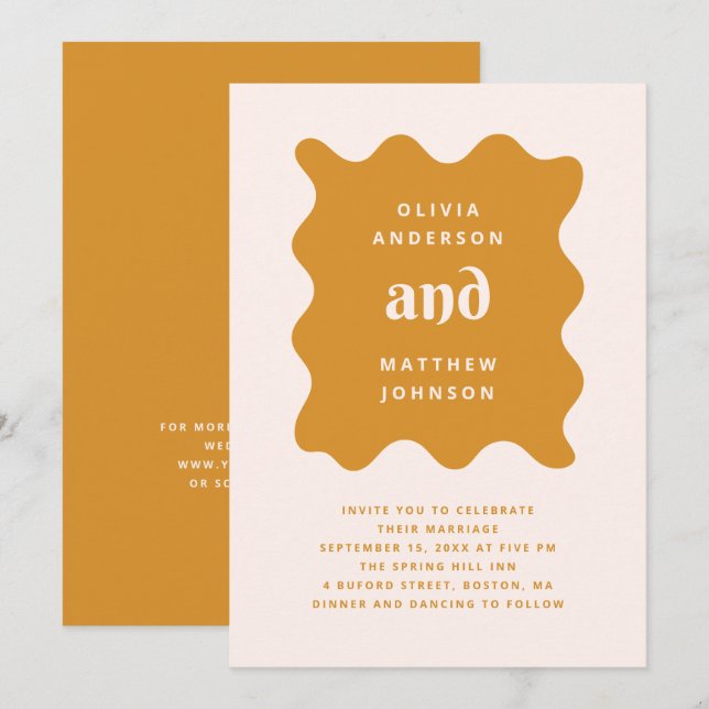 Convite Casamento Moderno em Ocre Dourado | Ondulado Mosta (Frente/Verso)