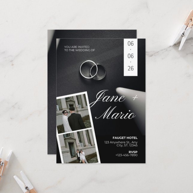 Convite Casamento Moderno em Preto e Branco com Faixa de F (Frente/Verso In Situ)