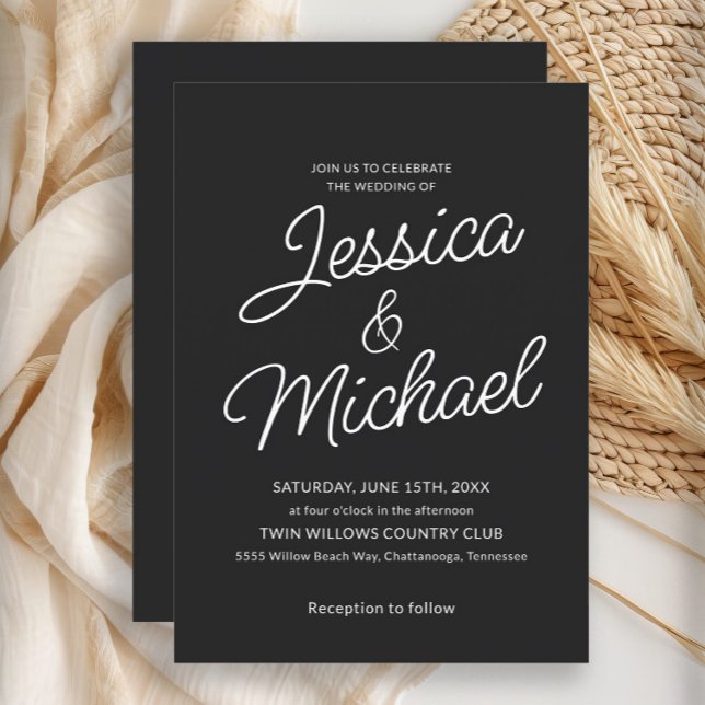 Convite Casamento Moderno em Preto e Branco com Letra Scri (Black and white wedding invitation)