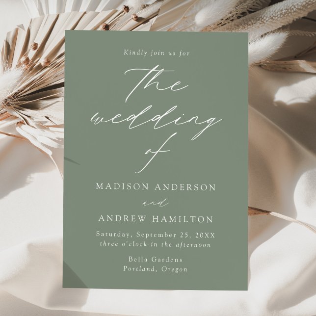 Convite Casamento Moderno em Script Elegante Verde Salvia (Criador carregado)