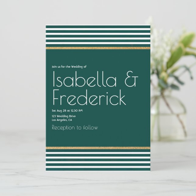 Convite Casamento Moderno em Verde Esmeralda, Branco e Dou (Em pé/Frente)