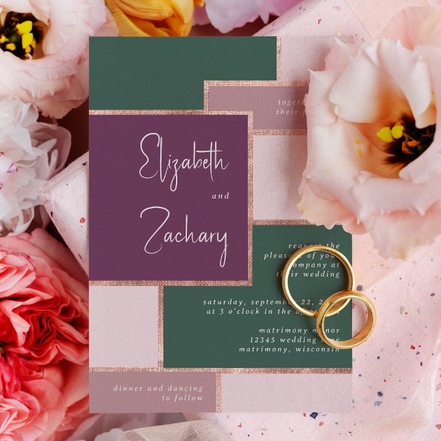 Convite Casamento Moderno em Verde Esmeralda e Dourado Ros (A unique choice for a modern wedding with an emerald green, purple, blush and rose gold palette.)