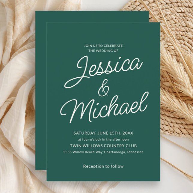Convite Casamento Moderno em Verde Esmeralda e Letra Cursi (Emerald green wedding invitation)