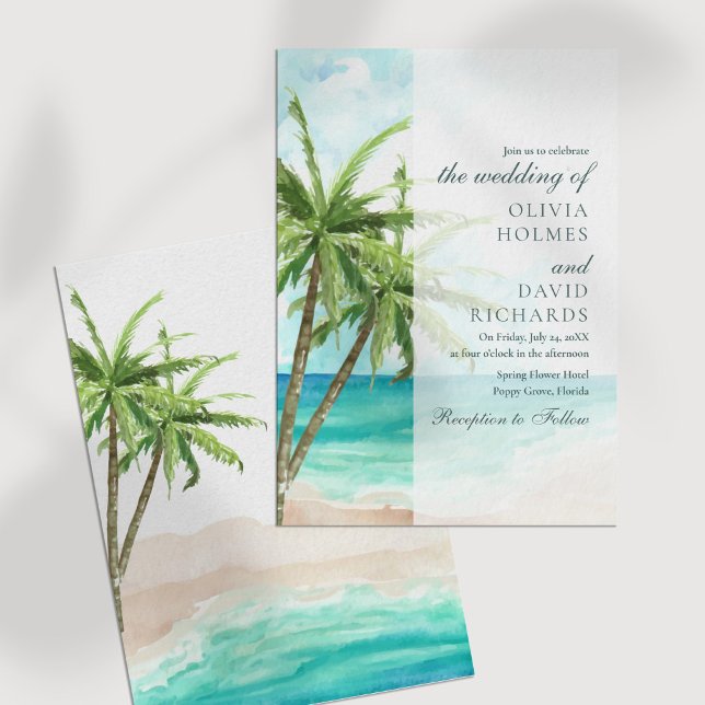 Convite Casamento moderno entre Praia Tropical e Palmeiras (Modern Tropical Beach and Palm Trees Wedding Invitation on a white table.)