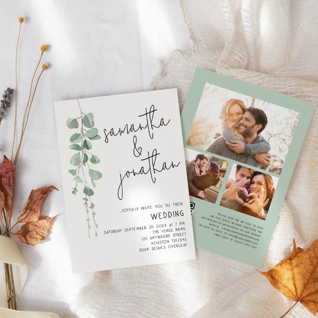 Convite Casamento Moderno Eucalipto 3 Fotos QR code (front and back view)