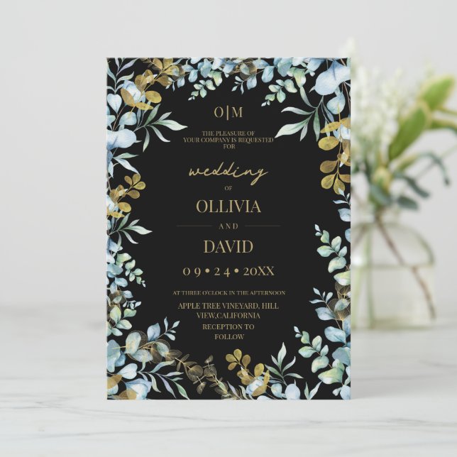 Convite Casamento Moderno Eucalipto Dourado Verde Salgueir (Em pé/Frente)