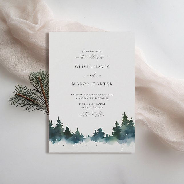 Convite Casamento Moderno Exterior da Floresta Montanha (mountains wedding invitation rustic outdoors forest pine scene watercolor elegant winter spring )