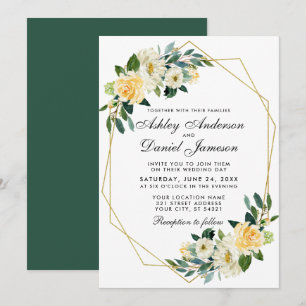 Convite Casamento Moderno Floral Amarelo Verde Dourado Geo