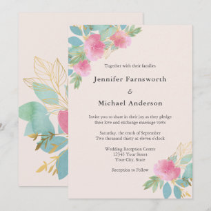 Convite Casamento Moderno Floral Bege Rosa Dourado Verde A