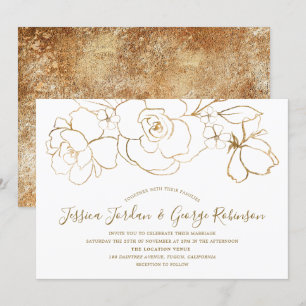 Convite Casamento moderno floral branco & Dourado elegante