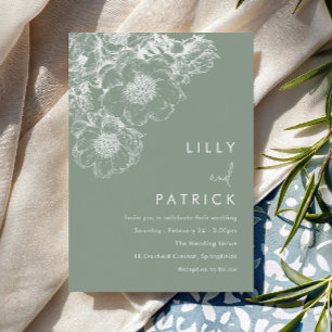 Convite Casamento Moderno Floral Branco Elegante em Verde