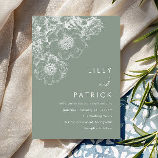 Convite Casamento Moderno Floral Branco Elegante em Verde 