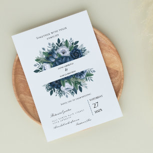 Convite Casamento moderno floral em azul naval e azul poei