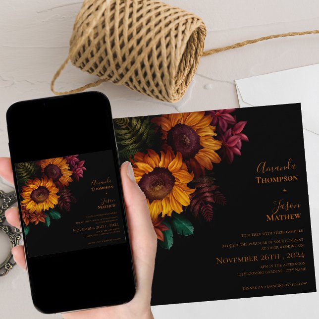 Convite Casamento Moderno Floral Laranja Vibrante Preto Qu (Vibrant Black Burnt Orange Floral Modern Wedding Invitation)