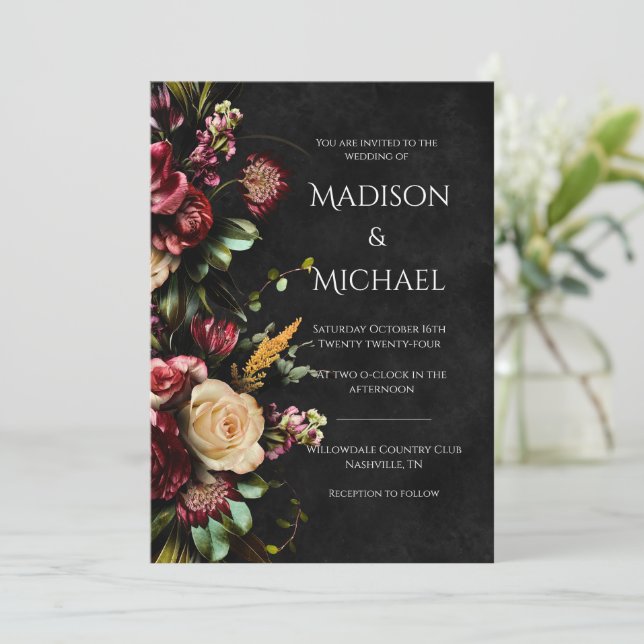 Convite Casamento Moderno Floral Negro (Em pé/Frente)
