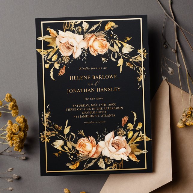 Convite Casamento Moderno Floral Negro Elegante (Black Elegant Floral Modern Wedding Invitation)