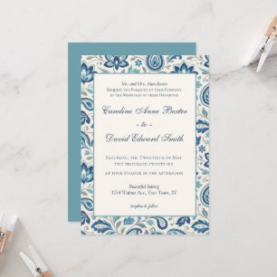 Convite Casamento Moderno Floral Paisley Azul e Verde