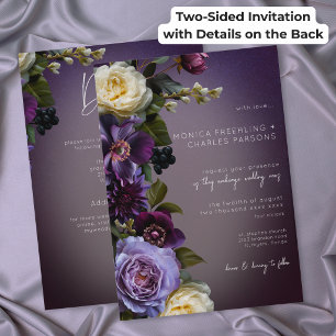 Convite Casamento Moderno Floral Roxo Sombrio de Dois Lado