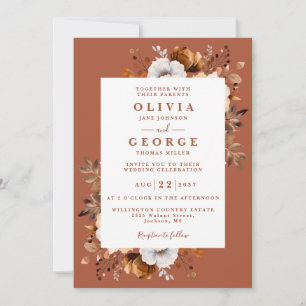 Convite Casamento Moderno Floral Rustic Fall Terracotta