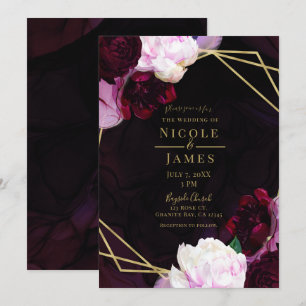 Convite Casamento Moderno Floral Sombrio Vinho Dourado Gla