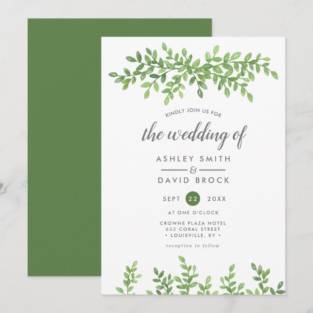 Convite Casamento Moderno Folhas Florais Verde Água (Frente/Verso)