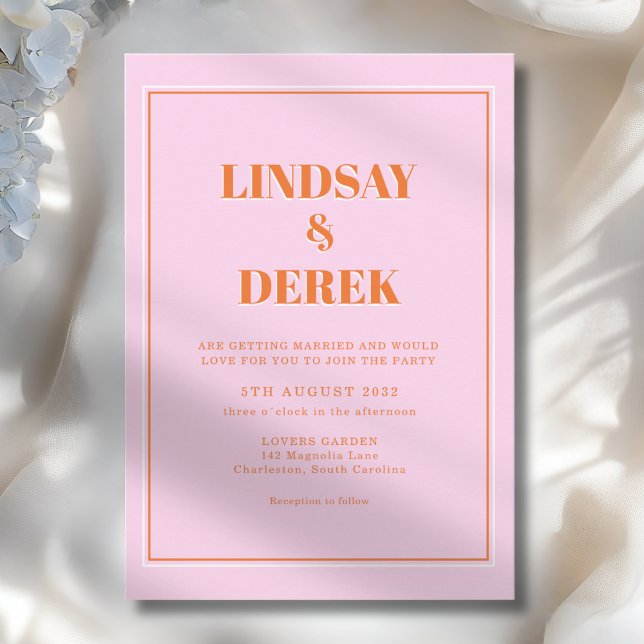 Convite Casamento Moderno Fonte Negrito Laranja Rosa (Pink Orange Bold Font Modern Wedding Invitation)