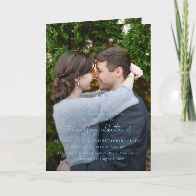 Convite Casamento Moderno Foto Azul Chic (Frente)