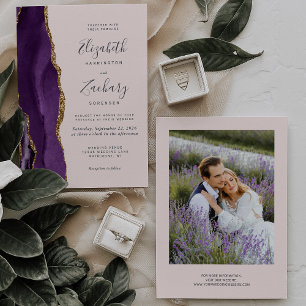 Convite Casamento Moderno Foto Roxo Dourado Ágata Beijo