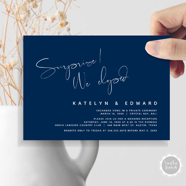 Convite Casamento Moderno Fuga, Surpresa, nós fugimos (Modern Wedding Elopement, Surprise, we eloped, dinner Invitation Card, PDF, in Navy Blue)