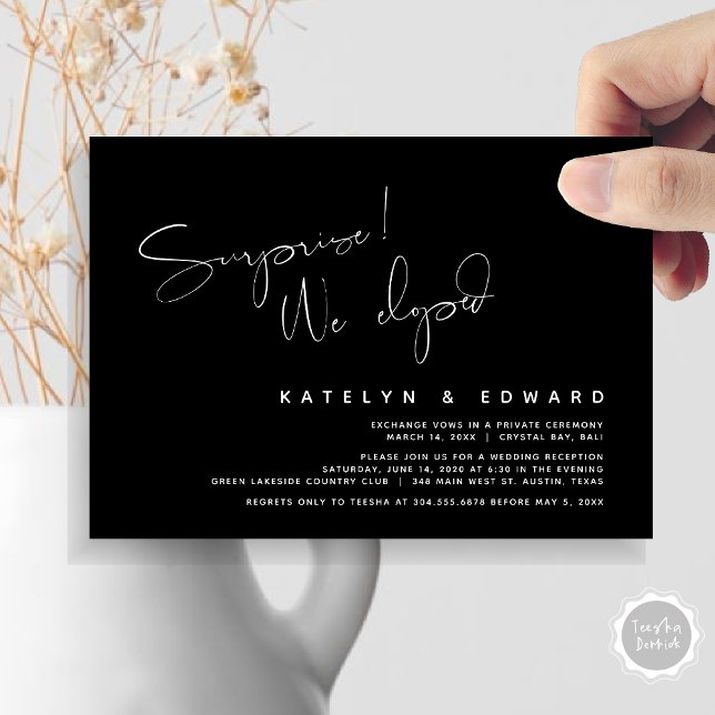Convite Casamento Moderno Fuga, Surpresa, nós fugimos (Modern Wedding Elopement, Surprise, we eloped, dinner Invitation Card, PDF, in Black and White)