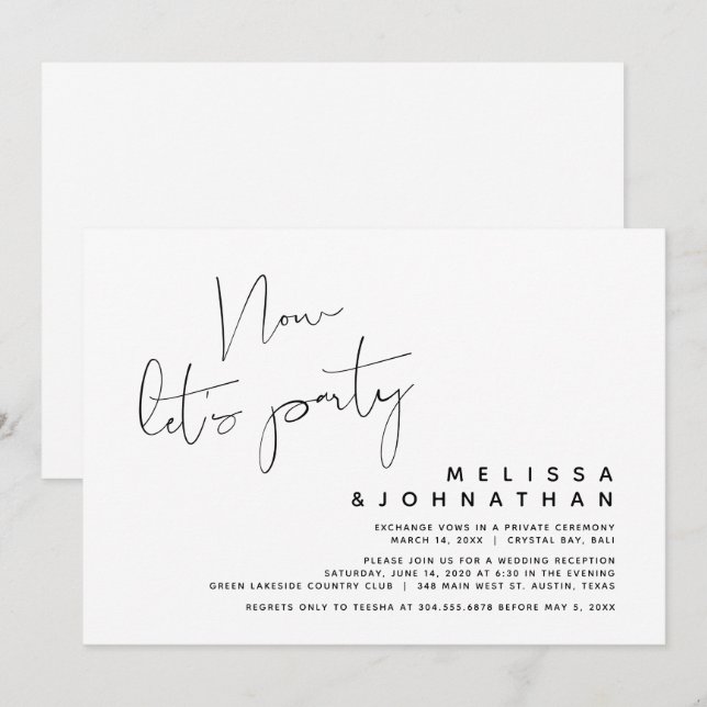 Convite Casamento Moderno Fugitivo, Agora vamos Festar (Frente/Verso)