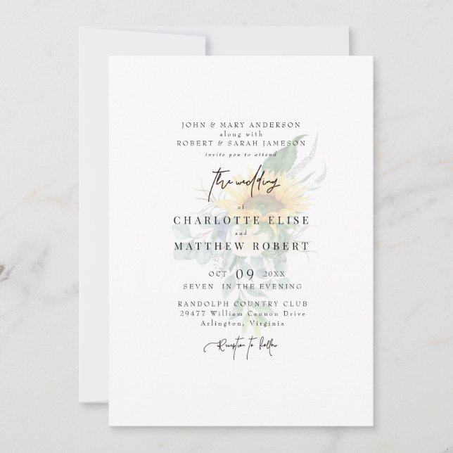 Convite Casamento Moderno Girassol Abafado Light Sage (Frente)