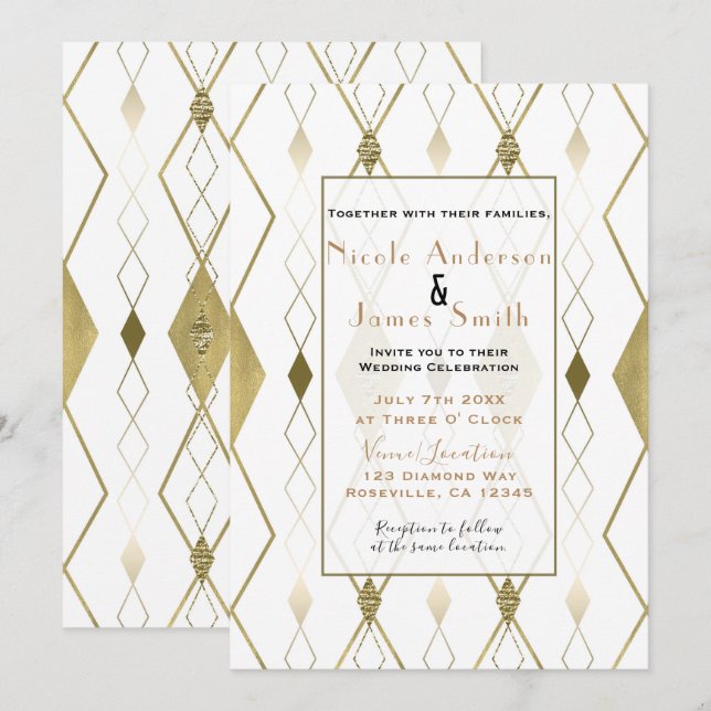 Convite Casamento Moderno Glamouroso com Diamantes Brancos (Frente/Verso)