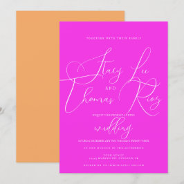 Convite Casamento Moderno Laranja Rosa Brilhante Escrito B