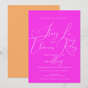 Convite Casamento Moderno Laranja Rosa Brilhante Escrito B