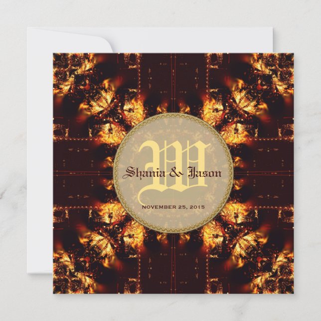 Convite Casamento Moderno Medieval do Monograma de Fogo (Frente)