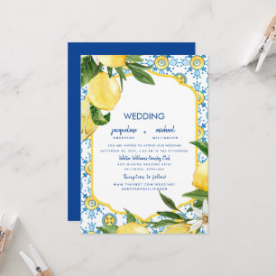 Convite Casamento Moderno Mediterrâneo Azul Cobalto & Limõ