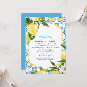 Convite Casamento Moderno Mediterrâneo Azul e Limões