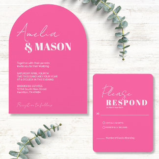 Convite Casamento Moderno Minimalista com Arco Rosa e Bran