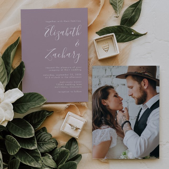 Convite Casamento Moderno Minimalista com Foto em Lavanda  (Criador carregado)