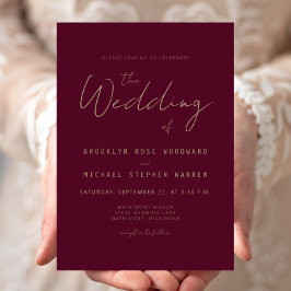 Convite Casamento Moderno Minimalista Dourado em Burgundy