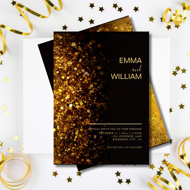 Convite Casamento Moderno Minimalista Dourado Luxo (Luxury Gold Glitter Minimalist Modern Wedding Invitation )