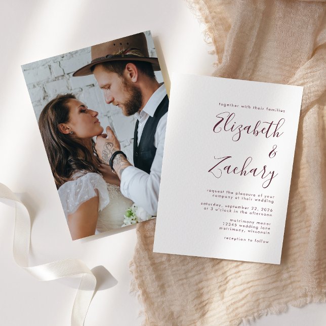 Convite Casamento Moderno Minimalista Foto Script Borgonha (Criador carregado)