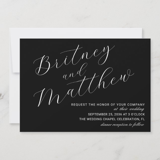 Convite Casamento Moderno Minimalista Foto Script Preto (Frente)
