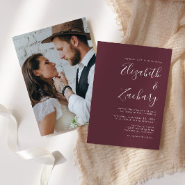 Convite Casamento Moderno Minimalista Script Foto Burgundy