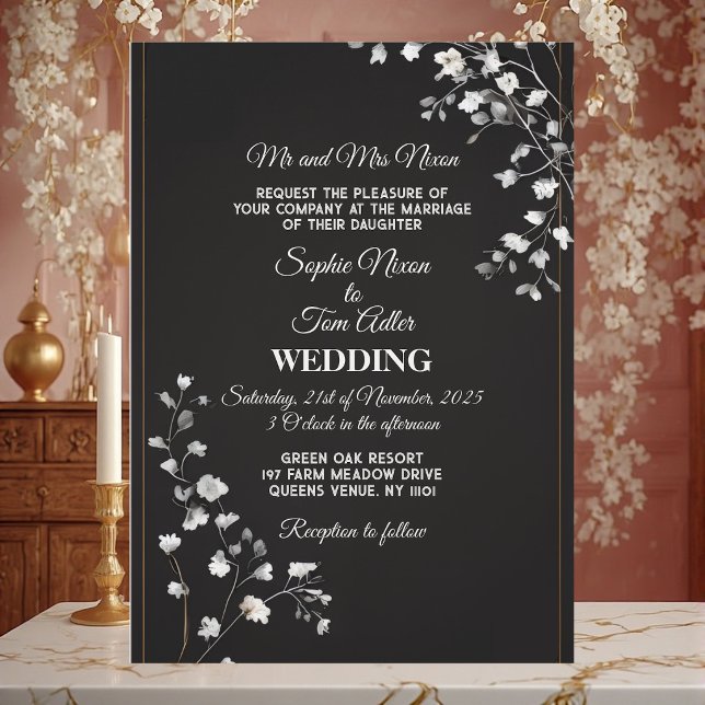 Convite Casamento Moderno Monocromático Preto Branco Minim (Minimalist Black White Monochrome Modern Wedding Invitation)