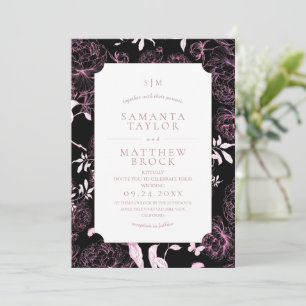 Convite Casamento Moderno Moody Preto Rosa Francês Peônia