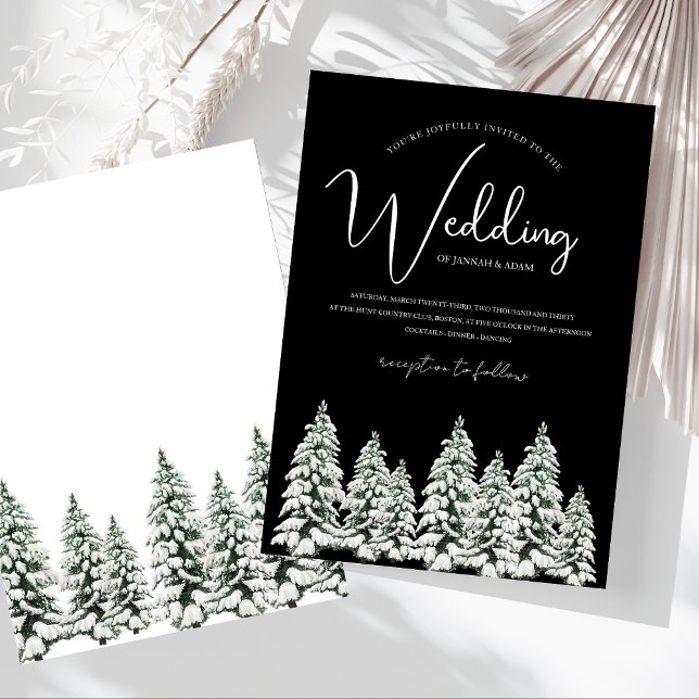 Convite Casamento Moderno na Floresta de Pinheiros Nevada  (Winter Black and White Snowy Pine Trees Wedding Invitation)